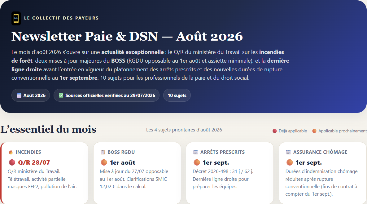 Newsletter Paie & DSN d'août 2026 : en-tête et l'essentiel du mois